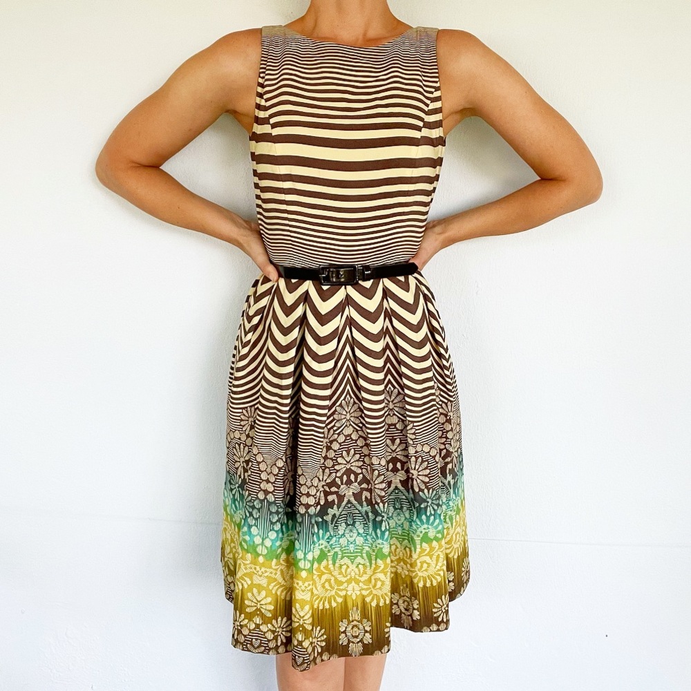 Anne Klein brown yellow stripe ombré sleeveless belted knee length dress size 2